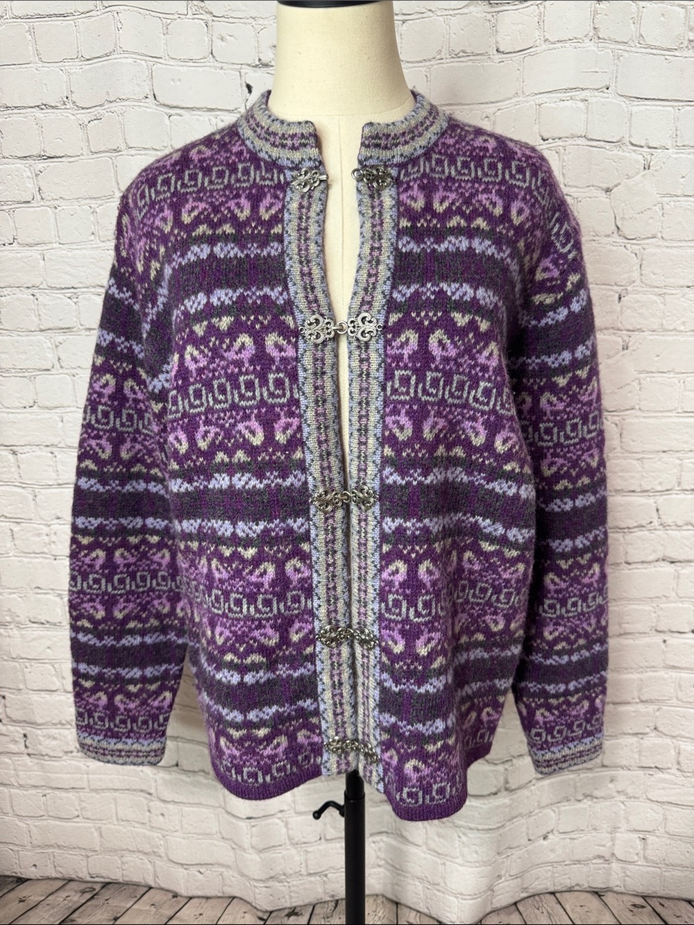 Y2K Eagle’s Eye Wool Fair Isle Hook Cardigan Purple Size Small S, M